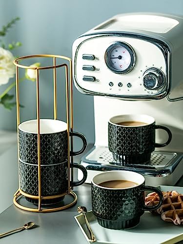 LYEOBOH Stackable Coffee Mugs Set of 4 with Rack & Spoons Coffee Mug Set 13 OZ., Ceramic Embossed Grinding Demitasse Cups Set Cappuccino Cup Halloween for Coffee, Latte, Macchiato, Espresso, Black - Image 3