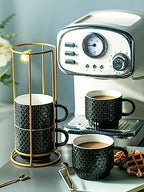 LYEOBOH Stackable Coffee Mugs Set of 4 with Rack & Spoons Coffee Mug Set 13 OZ., Ceramic Embossed Grinding Demitasse Cups Set Cappuccino Cup Halloween for Coffee, Latte, Macchiato, Espresso, Black - Image 3