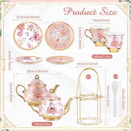 Zhehao 40 Pcs Porcelain Tea Set for Adult, with Metal Holder, Luxe - Image 2