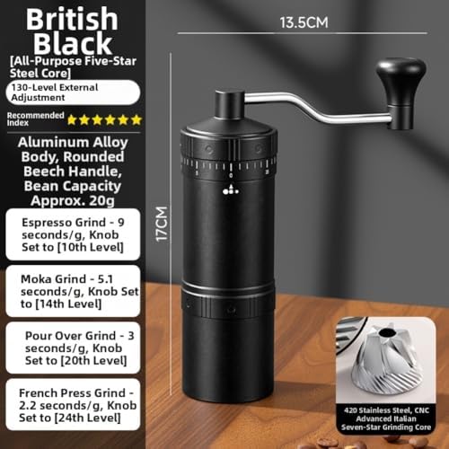 Portable manual coffee grinder with stainless steel burrs and metal body, adjustable for fine to coarse grind, for travel and home coffee brewing (Black1) - Image 3