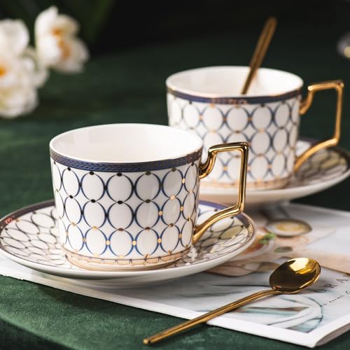 CwlwGO-European Bone China Tea Cup Sets, Blue and White Porcelain Tea Cups and Saucers Service for 4,Tea Sets For Women Party or Gifts Giving. - Image 2