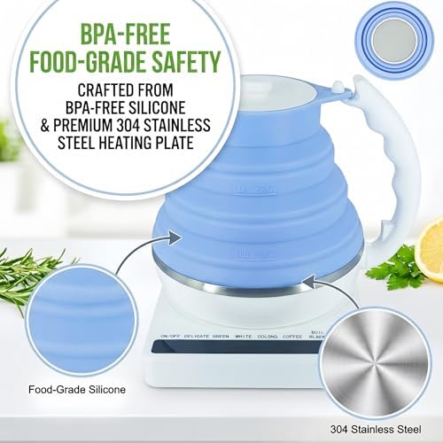 Portable Coffee Maker Pour Over, Travel Coffee Maker Set + Travel Electric Kettle With Temp Control, Collapsible Portable Tea Kettle for Traveling, Hotel, Office, BPA-Free Silicone, 110V, Blue - Image 6