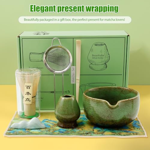 7 Pcs Matcha Whisk Set for Beginners Elegant Bamboo Japanese Matcha Tea Making Kit with Whisk Holder Scoop Sifter for Tea Lover(Military Green) - Image 2