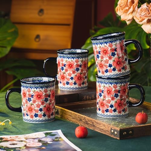 Ceramic Latte Mug Set of 4, 15.5oz Hand Painted Porcelain Coffee Cups With Handle for Tea/Milk/Cocoa - Modern Retro Design For Any Kitchen. Microwave and Dishwash Safe (Snow and Plum) - Image 4
