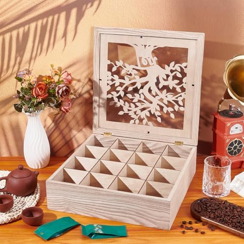 UNICRAFTALE Wood Tea Box Organizer Tan Tea Bags Holder 16 Compartment Hollow Tree of Life Tea Organizer Tea Bag Holder Organizer for Countertop Kitchen Cabinet Pantry 12.6x12.6x3.6 inch - Image 2