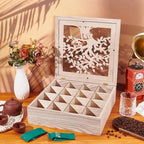 UNICRAFTALE Wood Tea Box Organizer Tan Tea Bags Holder 16 Compartment Hollow Tree of Life Tea Organizer Tea Bag Holder Organizer for Countertop Kitchen Cabinet Pantry 12.6x12.6x3.6 inch - Image 2