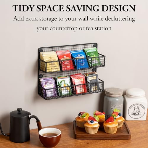 MyGift Wall Mounted Metal Mesh Wire Tea Bag Organizer Rack with 8 Compartments and Matte Black Finish, Farmhouse Style Kitchen Tea Storage Display - Image 2