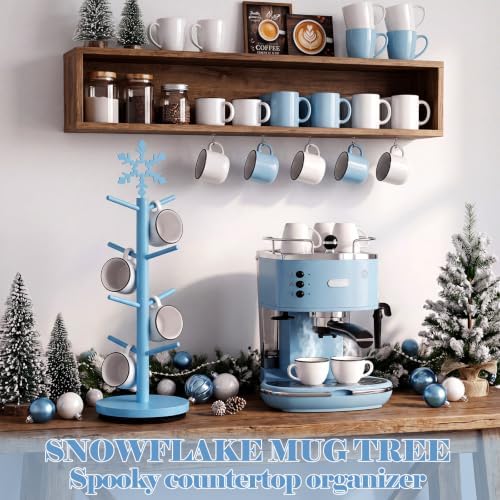 DoubleFill Christmas Tree Coffee Mug Holder 8 Hooks Snowflake Mug Holder for Countertop Snowflake Cup Rack Wood Christmas Tree Display for Kitchen Coffee Accessories - Image 3