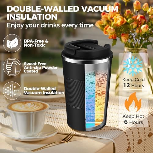 Volhoply 13 oz Stainless Steel Insulated Travel Coffee Mug with Fip Lid Bulk 4 Pack,Reusable Double Wall Vacuum Metal Coffee Cup,Portable Leak Proof Thermal Tumbler for Hot & Cold Drinks(Assorted,4) - Image 6