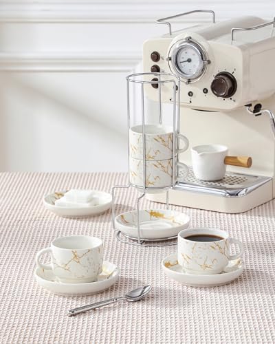 MALACASA 4 OZ Porcelain Espresso Cups with Saucers and Metal Stand Set of 4, Stackable Cappuccino Cups, Marble White Expresso Shots Cup Set for Coffee Drinks, Latte, Tea - Image 6