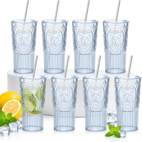 8 Set Vintage Tumbler with Lid and Straw, Iced Coffee Cup, Blue by Acellegic