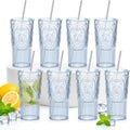 8 Set Vintage Tumbler with Lid and Straw, Iced Coffee Cup, Blue by Acellegic