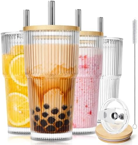 KEMORELA 20oz Ribbed Glass Tumblers with Bamboo Lids & Straws, Boba Cups by Kemorela