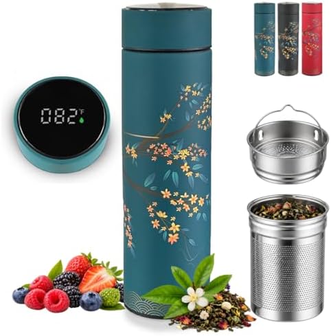 Farasi Tea Infuser for Loose Leaf Tea Smart Water Bottle with Temperature Display, Stainless Steel Insulated Coffee and Fruit Tea Infuser Bottle - Green Floral Travel Tea Mugs 15 oz by WellnessHydrationBeyond