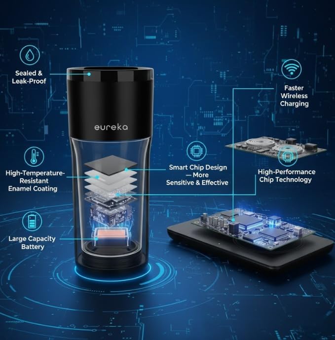 Eureka Smart Heated Coffee Mug.12oz Self Heating Tumbler with 3H Rechargeable Battery Wireless Charger. 360°Leak Proof Lid, Electric Travel Mug, Temp Control, LED Display Cordless Coffee Warmer - Image 3