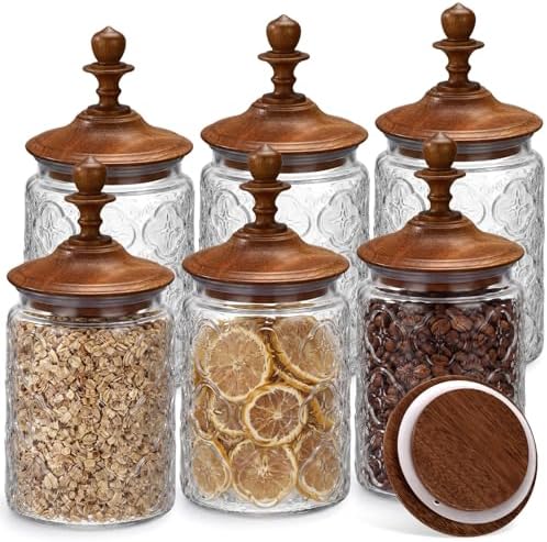 Suclain 6 Pack 24oz Glass Spice Jars with Dark Wood Lids Vintage Canisters with Begonia Pattern Airtight Food Storage Container for Home Kitchen Tea Coffee Spice Pantry Organization Decorations by Suclain