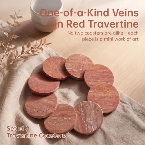 Red Travertine Coasters Set of 8, 3.9"Round Stone Drink Coasters, Cork Base - Image 2