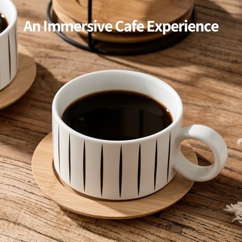 LUKA 6 Ounce Porcelain Stackable Espresso Cups with Saucers and Metal Stand Set of 4, Ceramic Cappuccino Cups Set for Specialty Coffee Drinks, Latte, Cafe Mocha and Tea, Stripes, White - Image 3
