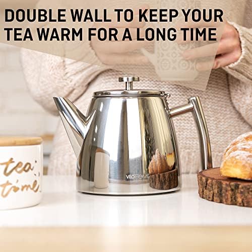 VeoHome Stainless Steel Tea Pot with Infuser - Keeps Heat Thanks to its Double Wall, Silver (0.5 Liter (17 oz))… - Image 3