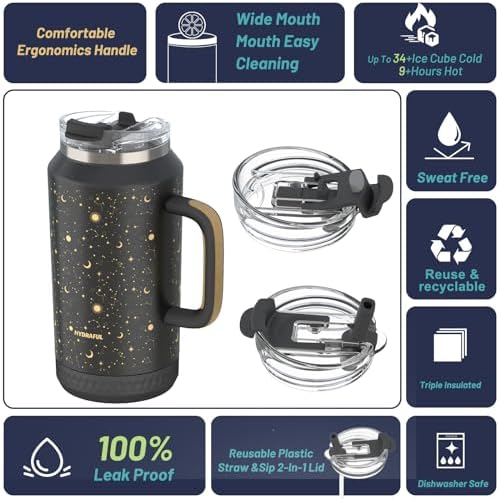 Hydraful 64 oz Tumbler with Handle and Straw - 100% Leak-Proof - Insulated Cup Reusable Stainless Steel Large Water Bottle Travel Mug for Gym, Hiking, and Camping - Gifts for Women Men Him Her - Image 3