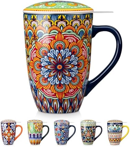 vancasso Ceramic Tea Mug with Infuser and Lid, 18 Ounce Bohemian Loose Leaf Cup, Microwave & Dishwasher Safe, Perfect for Tea, Coffee, Burnt-Cobalt Mandala by vancasso