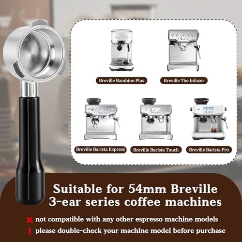 54mm Bottomless Portafilter, 3 Ears with Stainless Steel Filter Basket, 54mm Stainless Steel Portafilter Fit for Breville Barista 870 880 Coffee Machines, Black - Image 2