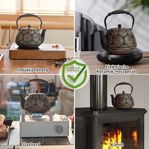 Cast Iron Teapot, 40oz Tea Kettle with Infuser for Stove Top, Sakura Design Japanese Tea Pot for Tea&Coffee Coated with Enameled Interior, Silicone Handle 1200ml black - Image 3
