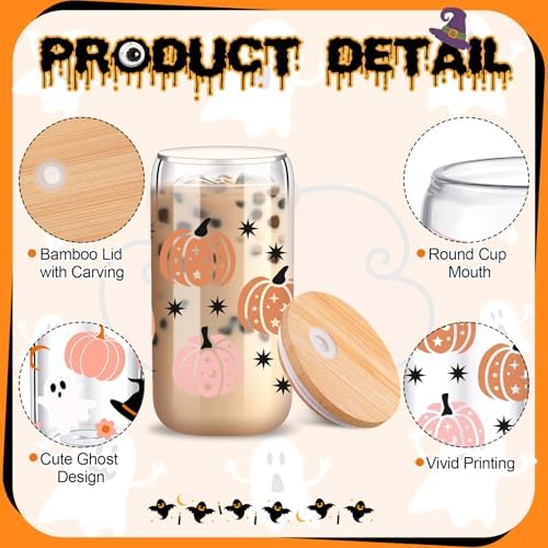 SiliFine 6 Pcs Halloween Glass Cups, 16 oz with Lids and Straws - Image 3