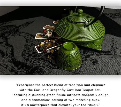 Cuisiland 27oz Cast Iron Teapot Set, Japanese Tetsubin Teapot with Enamel Coated Interior, Dragonfly Design, Excellent Heat Retention, Includes Infuser, Trivet & 2 Tea Cups (Green) - Image 6