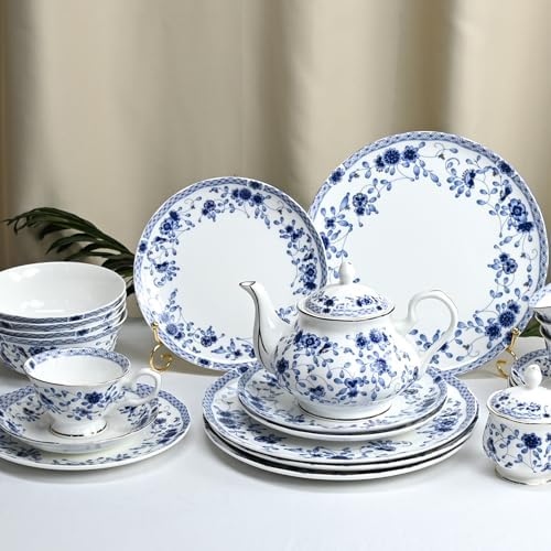 Fine Bone China Dinnerware Set, 12-Piece Blue and White Porcelain Dinnerware Set, Plates and Bowls Sets, Service for 4(Blue A) - Image 5