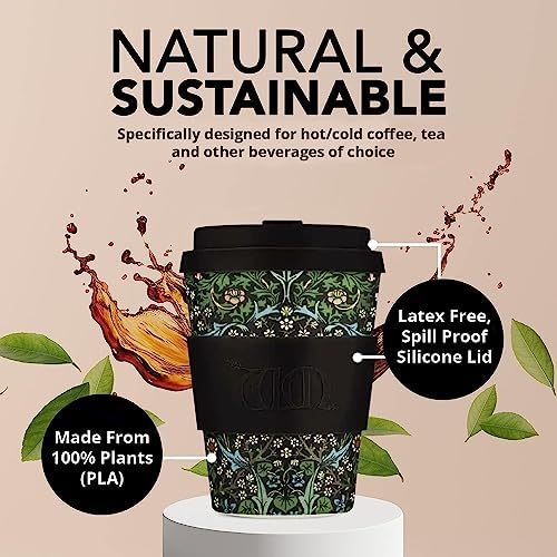 Ecoffee Cup 12oz (350ml) William Morris Reusable Coffee Cup – PLA Plant-Based Travel Mug with Silicone Lid, Melamine Free & Dishwasher Safe – Blackthorn - Image 4