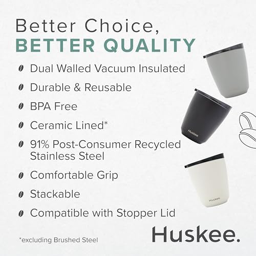 HUSKEE 8oz Stainless Steel Coffee Cup - Reusable, Stackable & Insulated Cup with Lid - No Spill Travel Cups for Hot Drinks, For Coffee Lovers & On-the-Go - Brushed Steel - Image 4