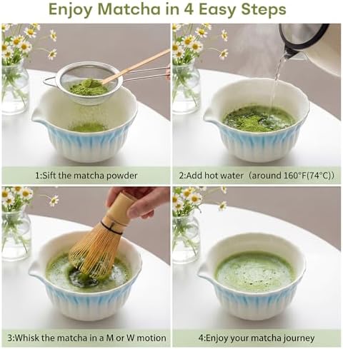Matcha Set, 5Pcs Ceramic Matcha Set including Daisy Matcha Bowl and Mushroom Whisk Holder, Bamboo Whisk, Scoop, Sifter - Thoughtful Matcha Whisk Set Gift for Matcha Lovers, Blue - Image 6
