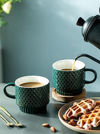 LYEOBOH Coffee Mug Set Porcelain Stackable Coffee Mugs with Stand and Spoons, 13 OZ. Cappuccino Cup Demitasse Cups for Drinks, Espresso, Latte,Set of 4, Dark Green - Image 4