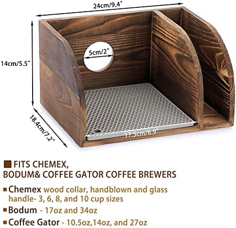 ELLDOO Vintage Wood Coffee Organizer Stand, Compatible with Chemex Coffee Makers, Holds Coffee Maker and Coffee Paper Filters, Fits Collar and Handle Carafes, with Grey Silicone Dripper Mat - Image 2