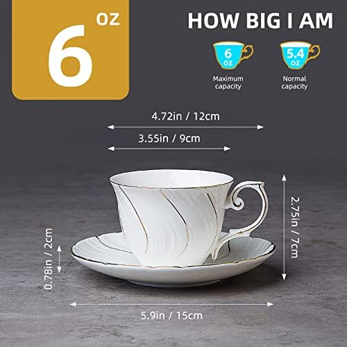 Agyiuns 6 Sets 6oz Porcelain Tea Cups Saucers，White with gold thread Tea Cups for Tea,Coffee - Image 2