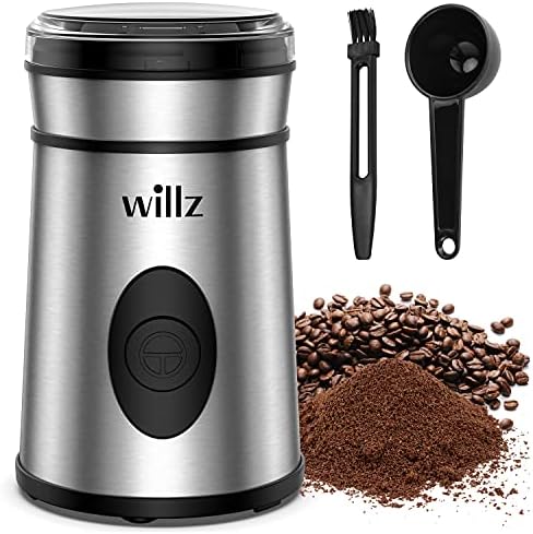 Willz Electric Coffee Grinder for Coffee Beans, Spices, & Herbs with Easy On/Off Button Control, 50g Grinding Capacity, Makes up to 6 cups, 200W, Stainless Steel by Willz