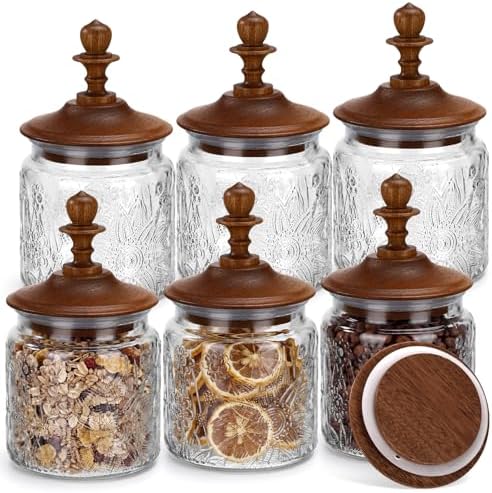 Suclain 6 Pack 17 oz Glass Spice Jars with Dark Wood Lids Vintage Canisters with Garden Pattern Airtight Food Storage Container for Home Kitchen Tea Coffee Spice Pantry Organization Decorations by Suclain