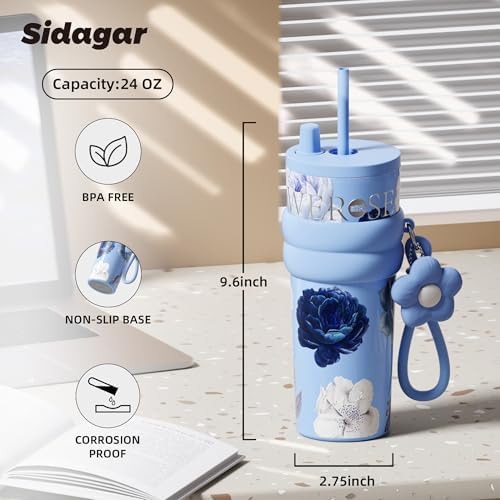 24 oz Ceramic Lined Insulated Stainless Steel Tumbler, Floral Blue - Image 2