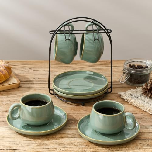 LUKA 7.77 oz Ceramic Cappuccino Cups with Saucers and Metal Stand, Set of 4 Large Unique Porcelain Coffee Cup for Latte, Cafe Mocha, Tea, Espresso, Dishwasher Safe, Wild Sage Earth Speckle - Image 3