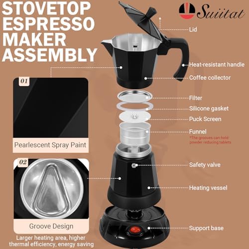 Electric Moka Pot, 3 or 6 Cup Espresso Coffee Maker, Black - Image 2