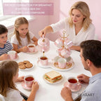 DEARART Luxury Ceramic Tea Set, 1 Teapot & 6 Cups & Serving Tray & Cup Shelf, Handle Porcelain Coffee Tea Service Set, Elegant Pink Tea Cup Set for Home Kitchen, Afternoon Tea etc - Image 4