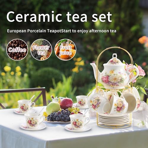 20-Pieces Porcelain Tea Sets For Women, Tea Set For Adult with Golden Metal Rack,Tea Gift Sets for Home&Party(012) - Image 4