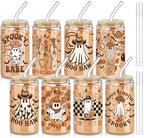 8 Pcs Halloween Ghost Glass Cups with Lids and Straws, 16 oz, Western by RimCereal