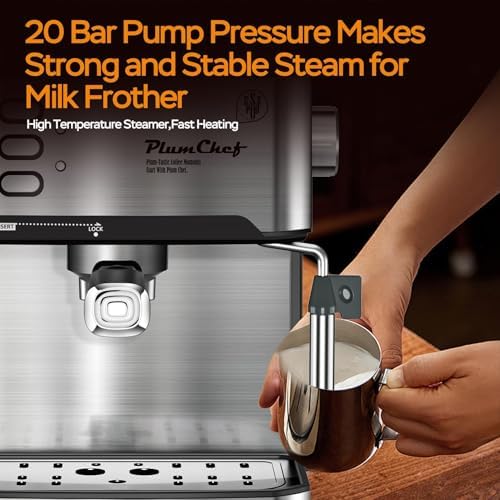 Plum chef 20 Bar Espresso Machine with Milk Frother, Dual Shot, ESE Pod Compatible, 54 OZ Removable Water Tank for Home Barista (Silver) - Image 2