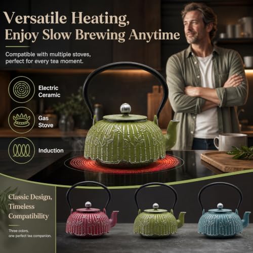 YJX 40.6oz Small Tea Kettle for Stovetop, Green Cast Iron Teapot - Image 4