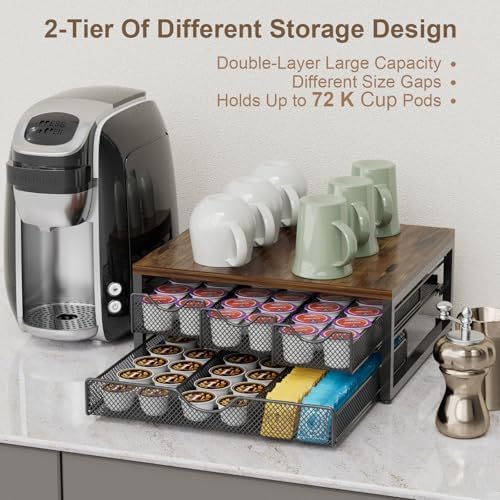 Coffee Pod Holder For Counter, 3 Pull-Out 72 K-Cup Holder Drawer, Wooden Cafe Pods Storage Organizer with Sliding Drawers for Coffee Station, Home, Kitchen, Office, Dorm (Antique Finish) - Image 5