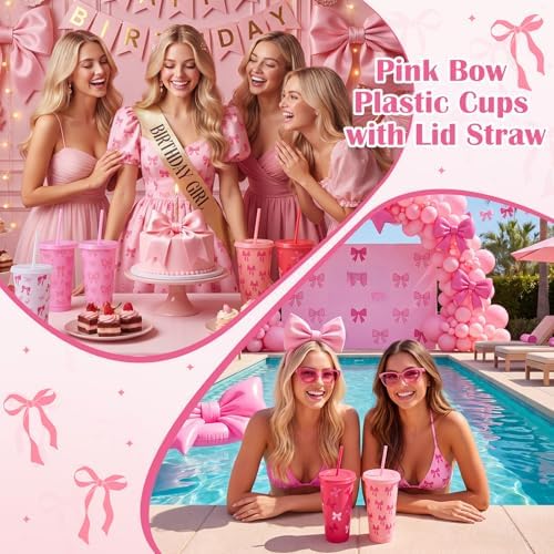 Honeydak 30 Pcs 24 oz Pink Bow Plastic Tumbler with Straw and Lids Bulk - Image 4