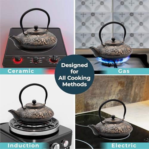 Zen Minded Traditional Japanese Cast Iron Tetsubin Stovetop Teakettle Teapot with Stainless-steel Mesh Loose-leaf Filter for Green Tea & Infusions 1.1L Elephant Pattern - Black & Gold - Image 4