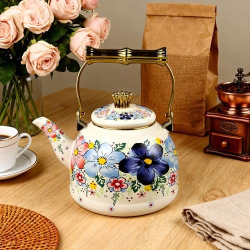 Vintage Tea Kettle Enamel Blue Floral Stovetop Teapot 2.5L Kitchen Decor - Image 7